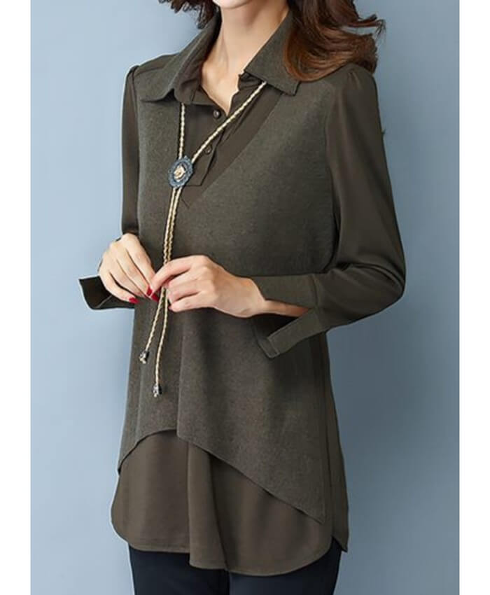 Turndown Collar Patchwork Button Neck Army Green Blouse